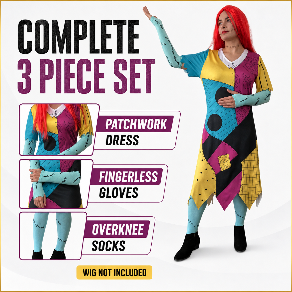 Patch Dress-Red Wig-Socks.Gloves