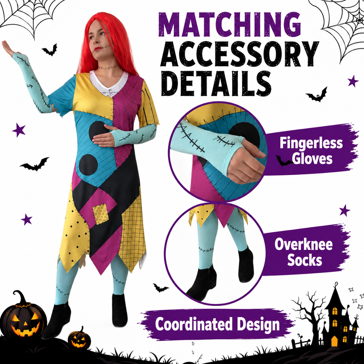 Patch Dress-Red Wig-Socks.Gloves