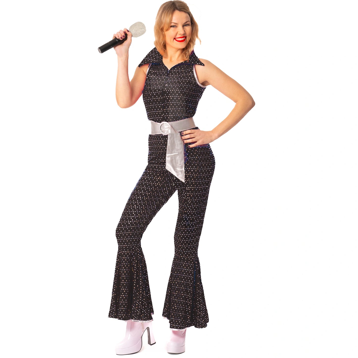 Women’s 70s Disco Jumpsuit Costume with Belt in 4 Colours