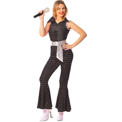 Women’s 70s Disco Jumpsuit Costume with Belt in 4 Colours