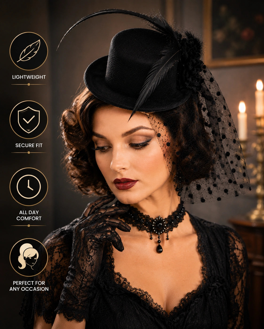 Women’s Mini Top Hat Fascinator with Veil, 20s Victorian Burlesque Cabaret Fancy Dress Party Hat, Red or Black