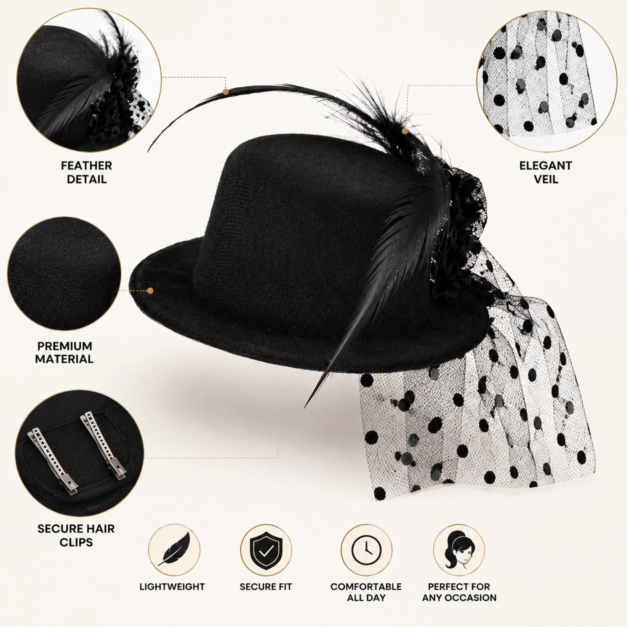 Women’s Mini Top Hat Fascinator with Veil, 20s Victorian Burlesque Cabaret Fancy Dress Party Hat, Red or Black