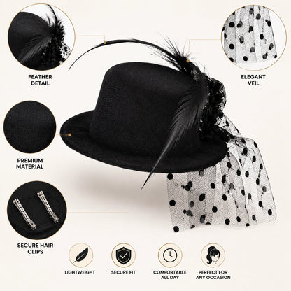 Women’s Mini Top Hat Fascinator with Veil, 20s Victorian Burlesque Cabaret Fancy Dress Party Hat, Red or Black