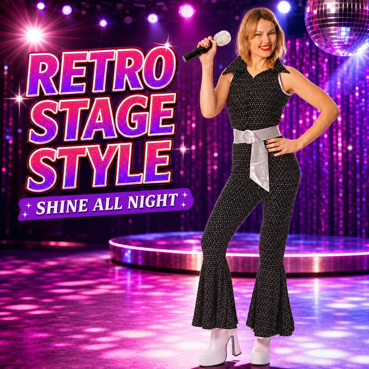 Women’s 70s Disco Jumpsuit Costume with Belt in 4 Colours