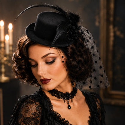 Women’s Mini Top Hat Fascinator with Veil, 20s Victorian Burlesque Cabaret Fancy Dress Party Hat, Red or Black