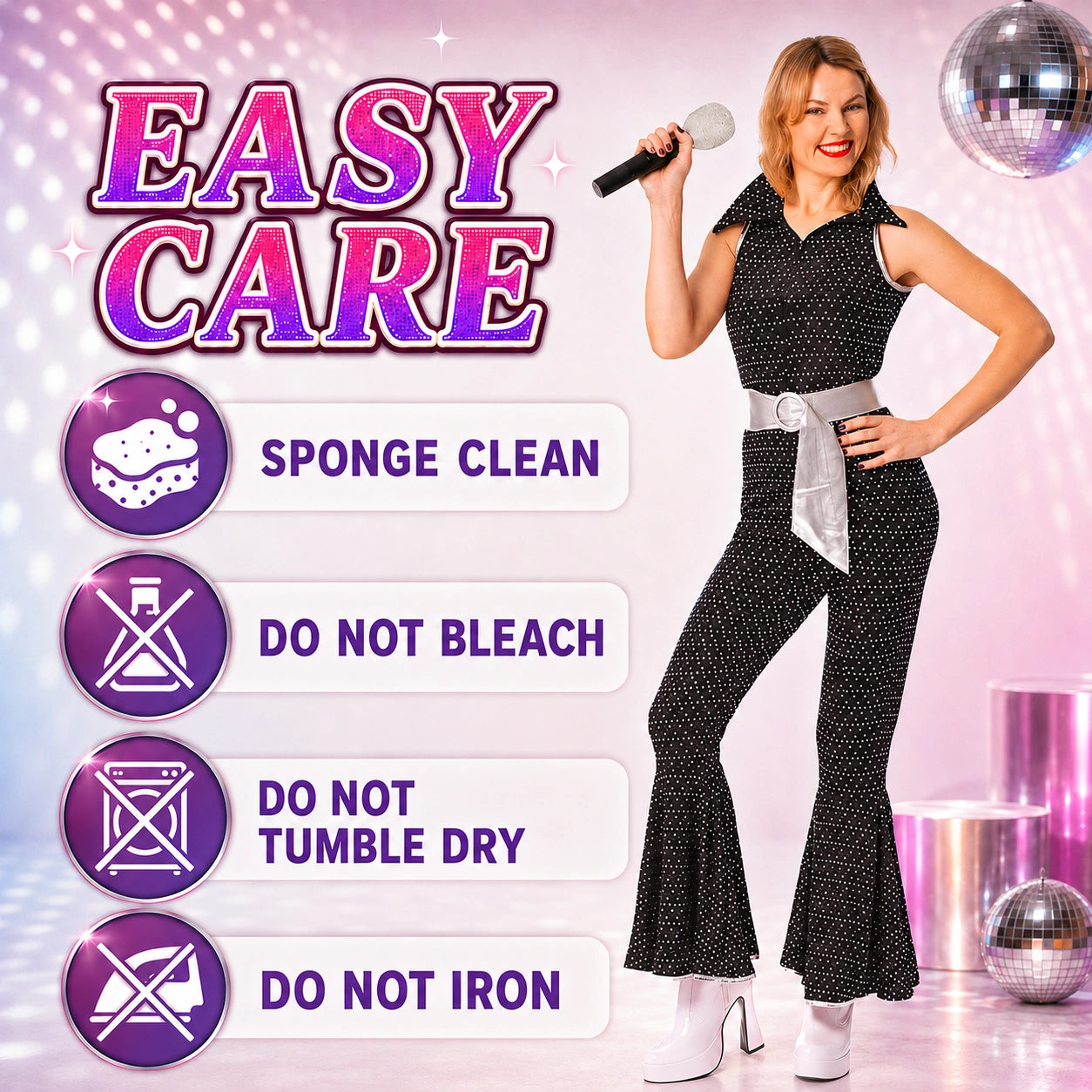 Women’s 70s Disco Jumpsuit Costume with Belt in 4 Colours