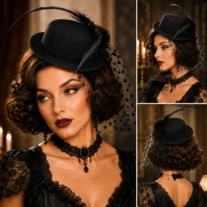 Women’s Mini Top Hat Fascinator with Veil, 20s Victorian Burlesque Cabaret Fancy Dress Party Hat, Red or Black