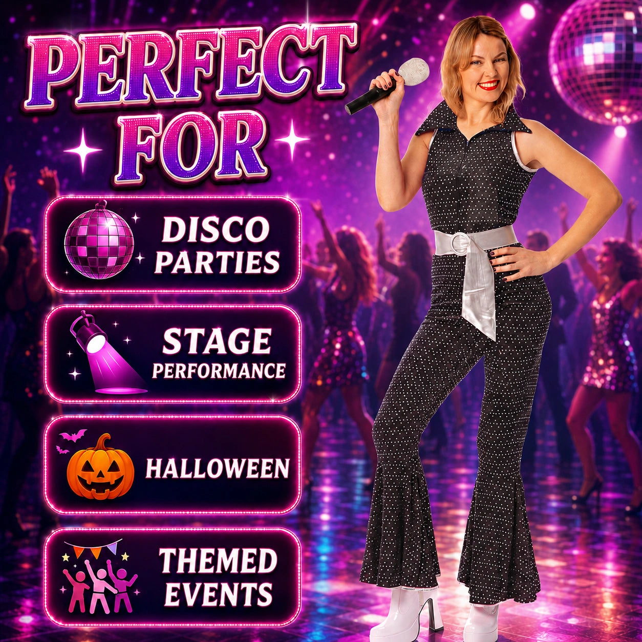 Women’s 70s Disco Jumpsuit Costume with Belt in 4 Colours