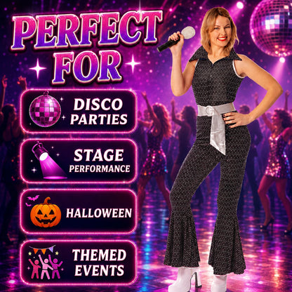 Women’s 70s Disco Jumpsuit Costume with Belt in 4 Colours