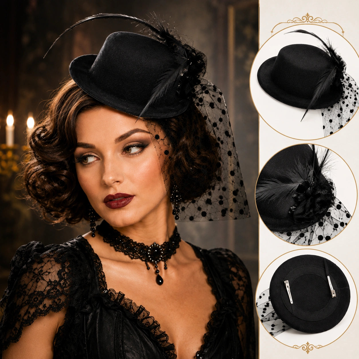 Women’s Mini Top Hat Fascinator with Veil, 20s Victorian Burlesque Cabaret Fancy Dress Party Hat, Red or Black