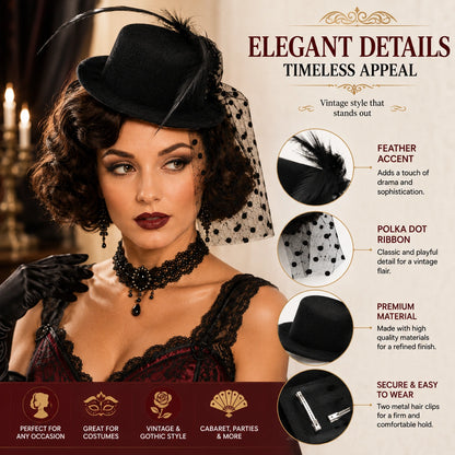 Women’s Mini Top Hat Fascinator with Veil, 20s Victorian Burlesque Cabaret Fancy Dress Party Hat, Red or Black