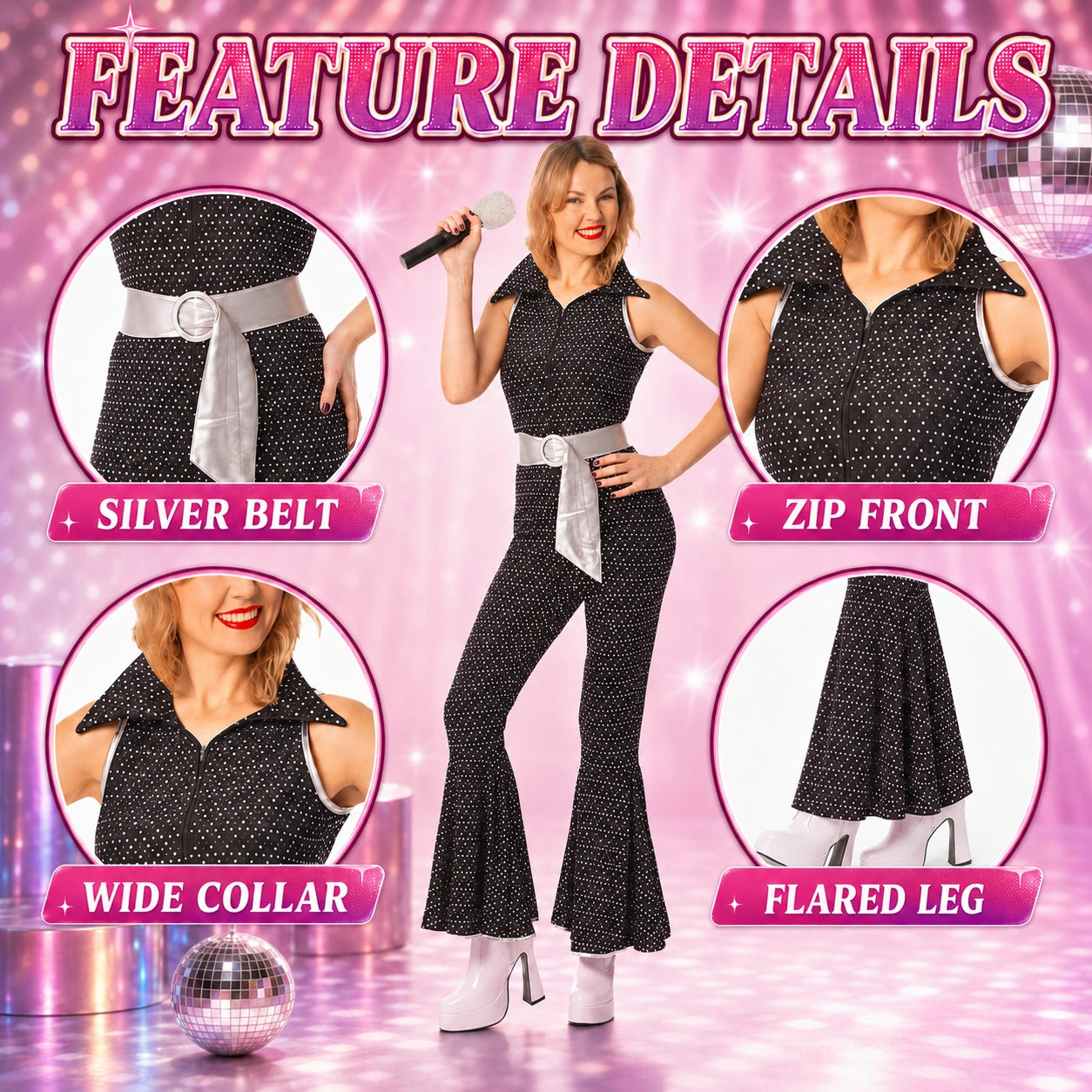Women’s 70s Disco Jumpsuit Costume with Belt in 4 Colours