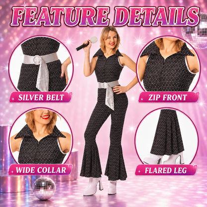 Women’s 70s Disco Jumpsuit Costume with Belt in 4 Colours