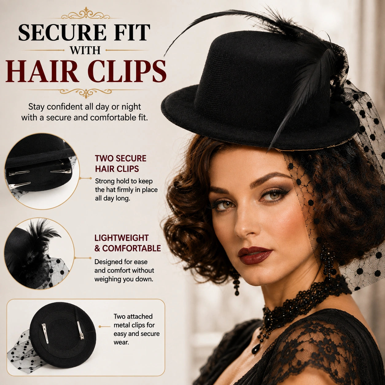 Women’s Mini Top Hat Fascinator with Veil, 20s Victorian Burlesque Cabaret Fancy Dress Party Hat, Red or Black