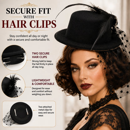 Women’s Mini Top Hat Fascinator with Veil, 20s Victorian Burlesque Cabaret Fancy Dress Party Hat, Red or Black