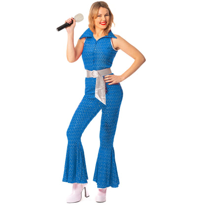 Women’s 70s Disco Jumpsuit Costume with Belt in 4 Colours