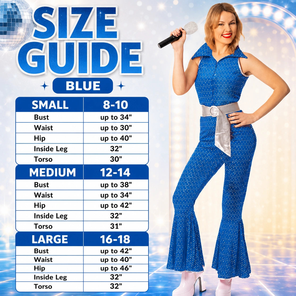 Women’s 70s Disco Jumpsuit Costume with Belt in 4 Colours