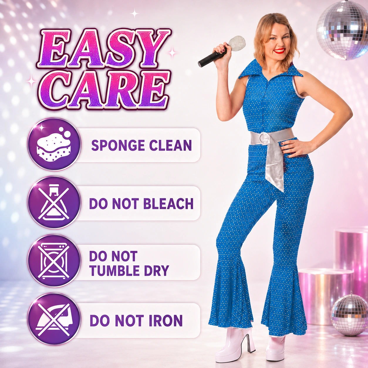 Women’s 70s Disco Jumpsuit Costume with Belt in 4 Colours