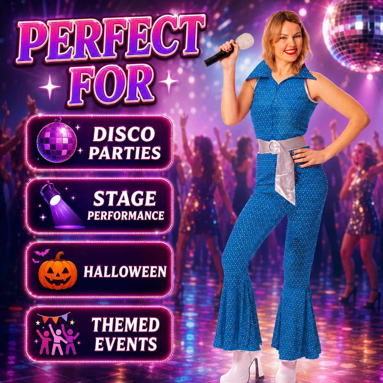 Women’s 70s Disco Jumpsuit Costume with Belt in 4 Colours
