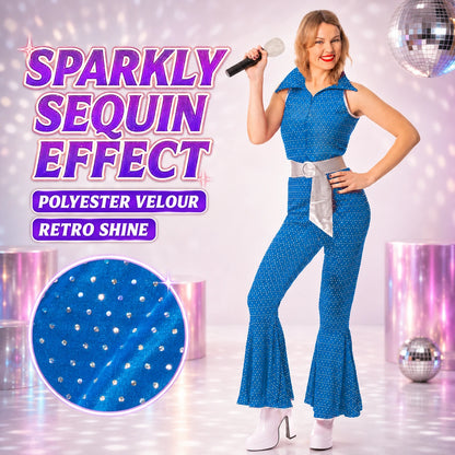 Women’s 70s Disco Jumpsuit Costume with Belt in 4 Colours