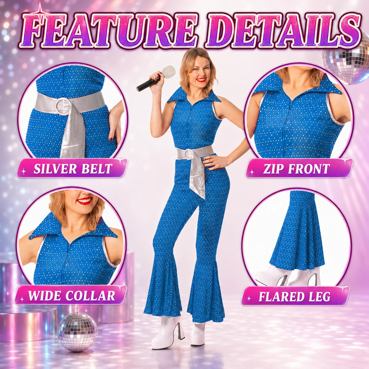 Women’s 70s Disco Jumpsuit Costume with Belt in 4 Colours
