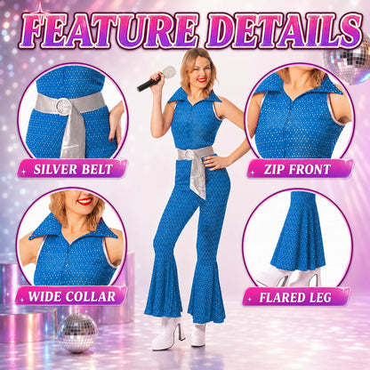 Women’s 70s Disco Jumpsuit Costume with Belt in 4 Colours