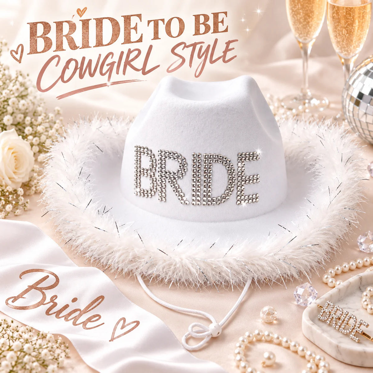 Women’s Bride to Be White Cowboy Hat – Cowgirl Hats for Bachelorette, Birthday Parties