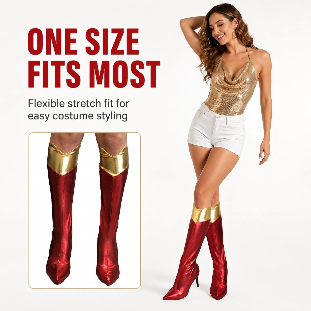 Women’s Red and Gold Superhero Boot Covers Fancy Dress Costume Accessory Pair