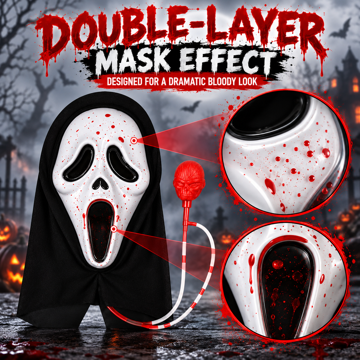 Bleeding Ghost Mask with Fake Blood Pump for Adults & Teens