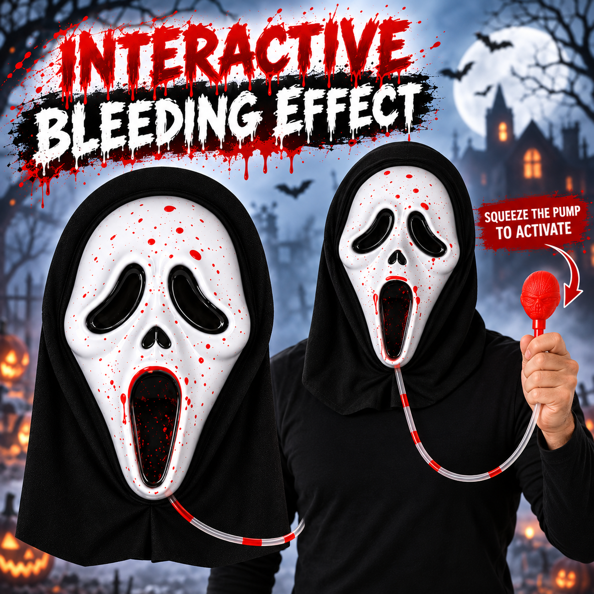Bleeding Ghost Mask with Fake Blood Pump for Adults & Teens