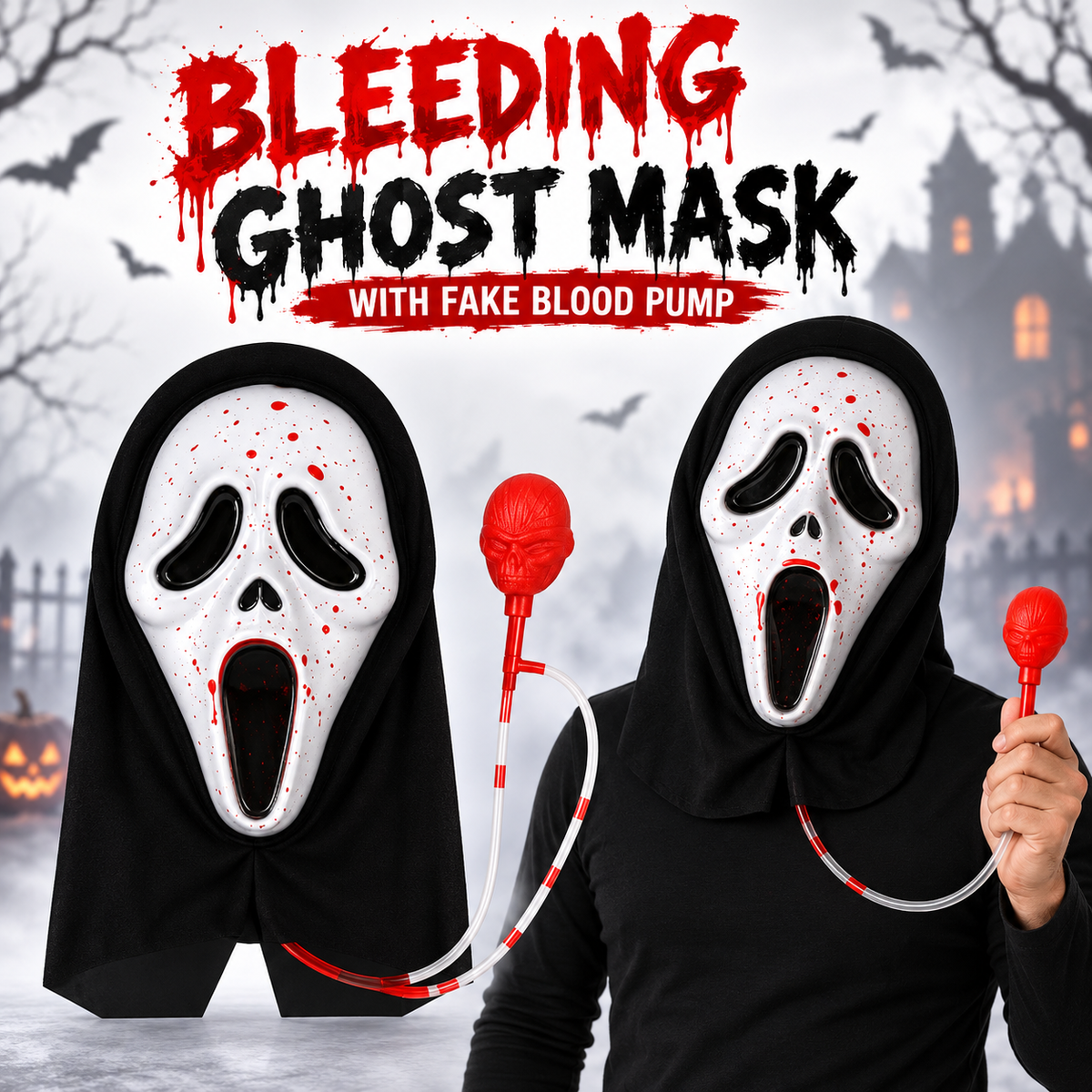 Bleeding Ghost Mask with Fake Blood Pump for Adults & Teens
