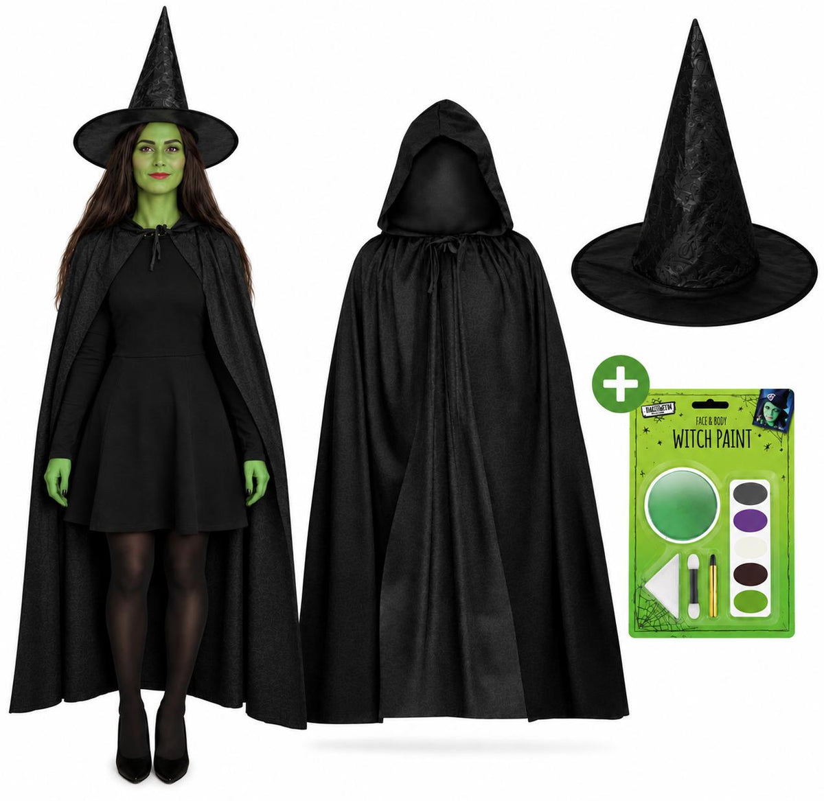 SoWest 3P Witch Costume Set, Long Hooded Cloak, Hat & Face Paint for Halloween