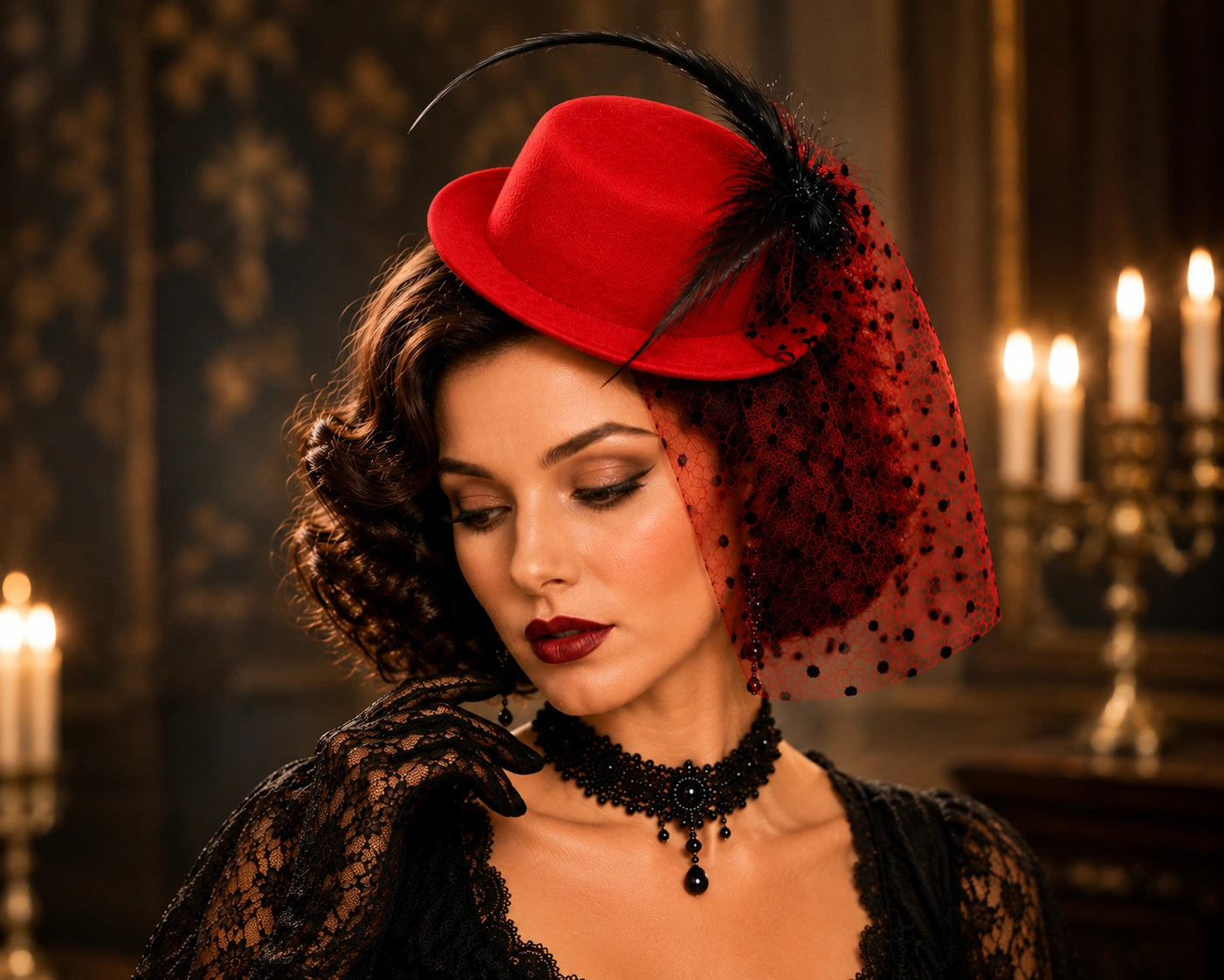 Women’s Mini Top Hat Fascinator with Veil, 20s Victorian Burlesque Cabaret Fancy Dress Party Hat, Red or Black
