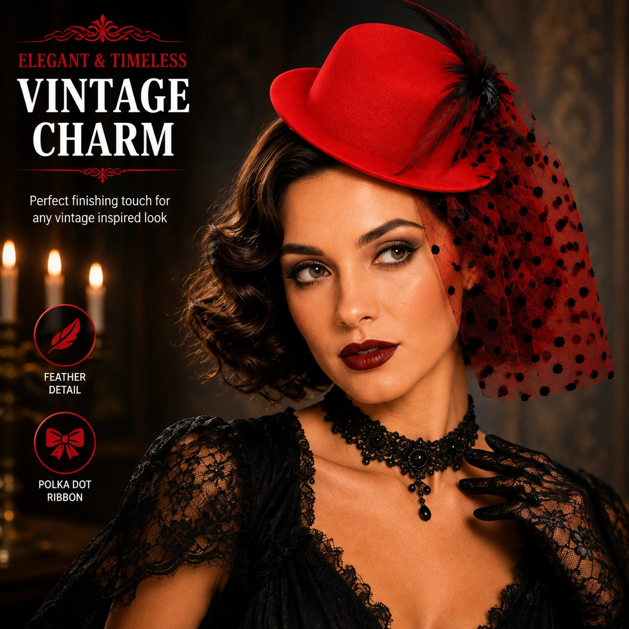 Women’s Mini Top Hat Fascinator with Veil, 20s Victorian Burlesque Cabaret Fancy Dress Party Hat, Red or Black