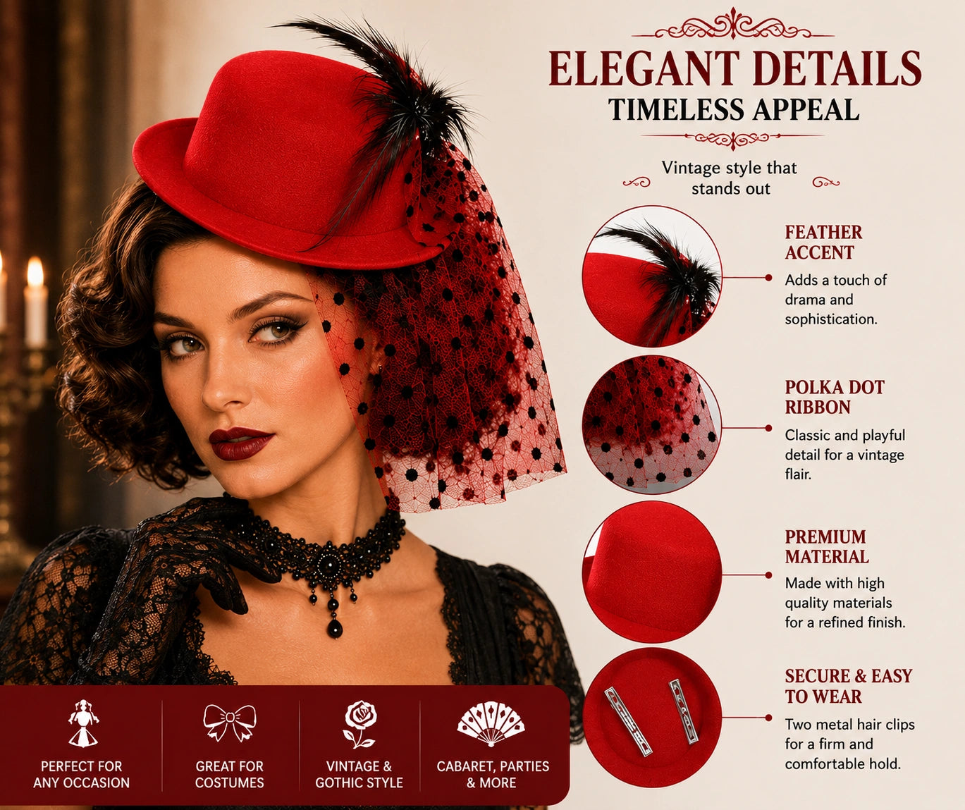 Women’s Mini Top Hat Fascinator with Veil, 20s Victorian Burlesque Cabaret Fancy Dress Party Hat, Red or Black