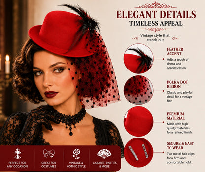 Women’s Mini Top Hat Fascinator with Veil, 20s Victorian Burlesque Cabaret Fancy Dress Party Hat, Red or Black
