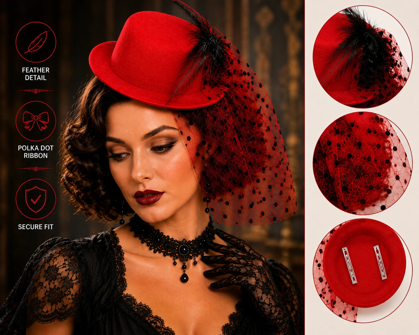 Women’s Mini Top Hat Fascinator with Veil, 20s Victorian Burlesque Cabaret Fancy Dress Party Hat, Red or Black