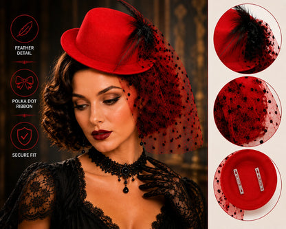 Women’s Mini Top Hat Fascinator with Veil, 20s Victorian Burlesque Cabaret Fancy Dress Party Hat, Red or Black