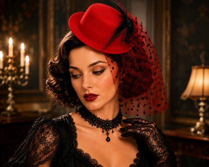 Women’s Mini Top Hat Fascinator with Veil, 20s Victorian Burlesque Cabaret Fancy Dress Party Hat, Red or Black