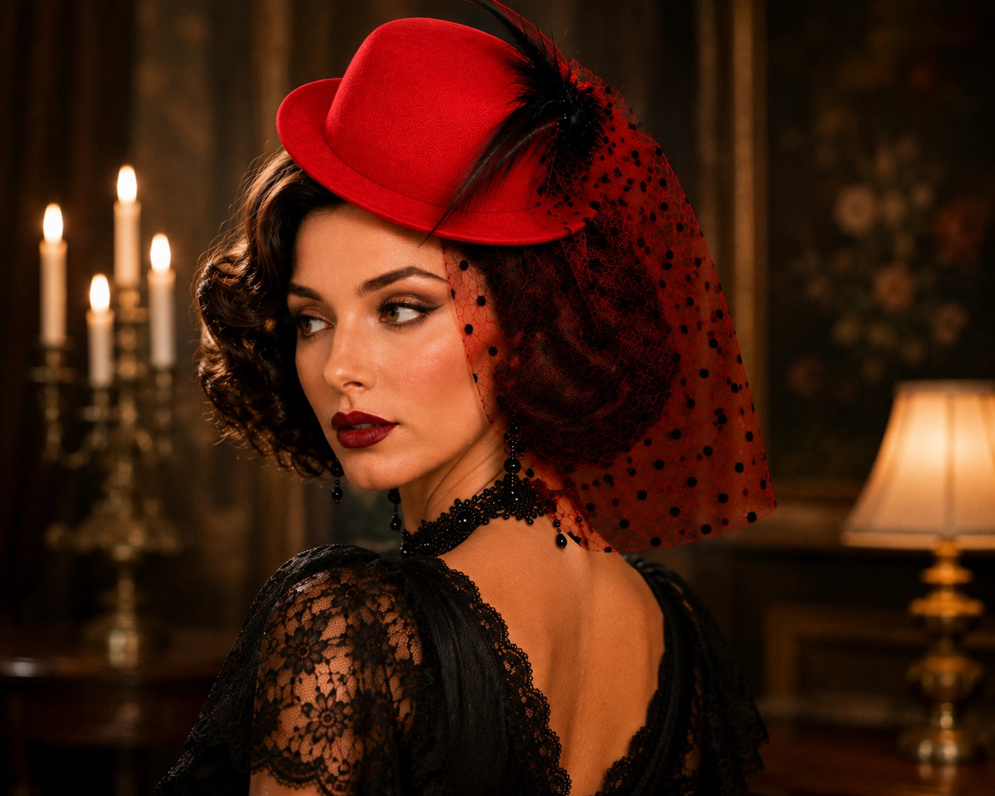 Women’s Mini Top Hat Fascinator with Veil, 20s Victorian Burlesque Cabaret Fancy Dress Party Hat, Red or Black