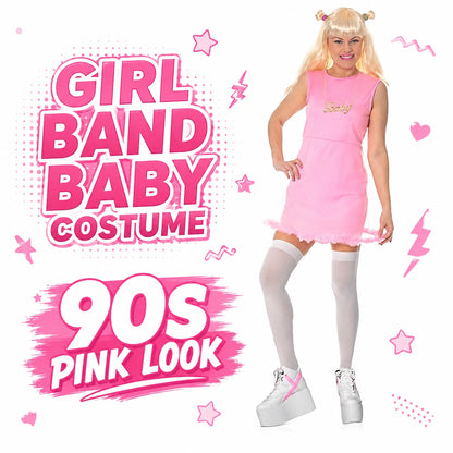 Women’s 90s Pop Star Baby Pink Mini Dress Fancy Dress Costume Outfit Only