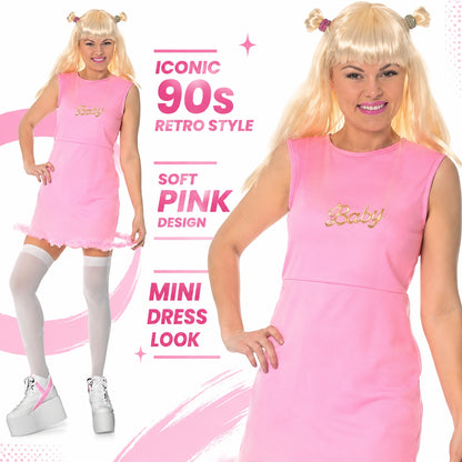 Women’s 90s Pop Star Baby Pink Mini Dress Fancy Dress Costume Outfit Only