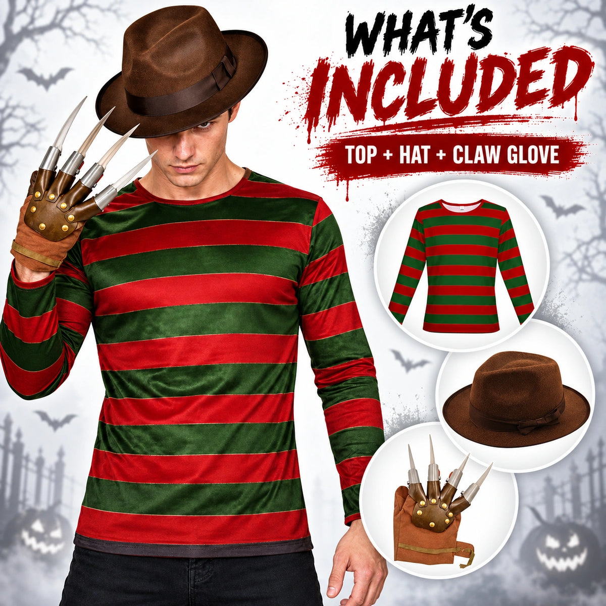 Burnt Man Horror Glove & Hat Set Halloween Fancy Dress Costume Accessories