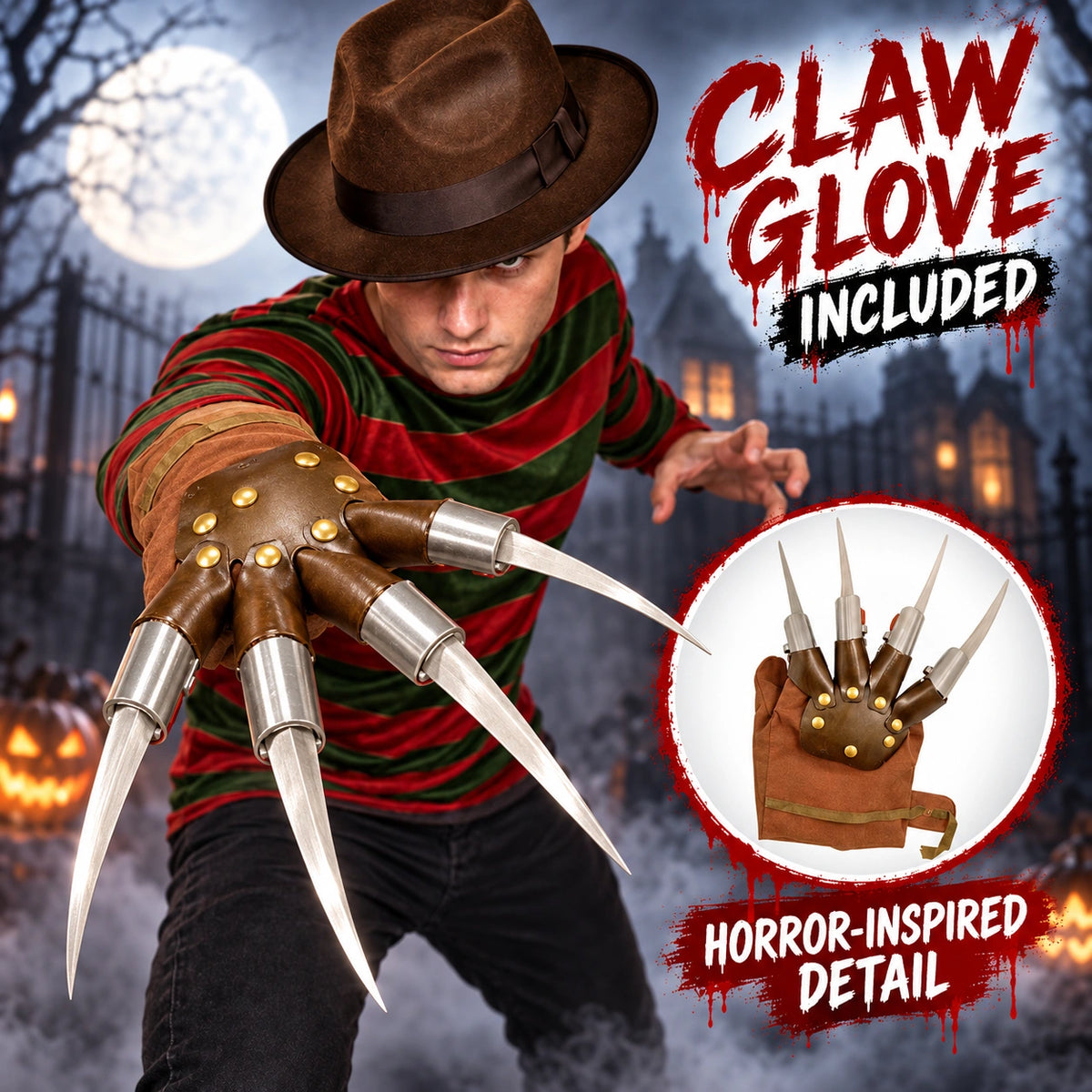 Burnt Man Horror Glove & Hat Set Halloween Fancy Dress Costume Accessories