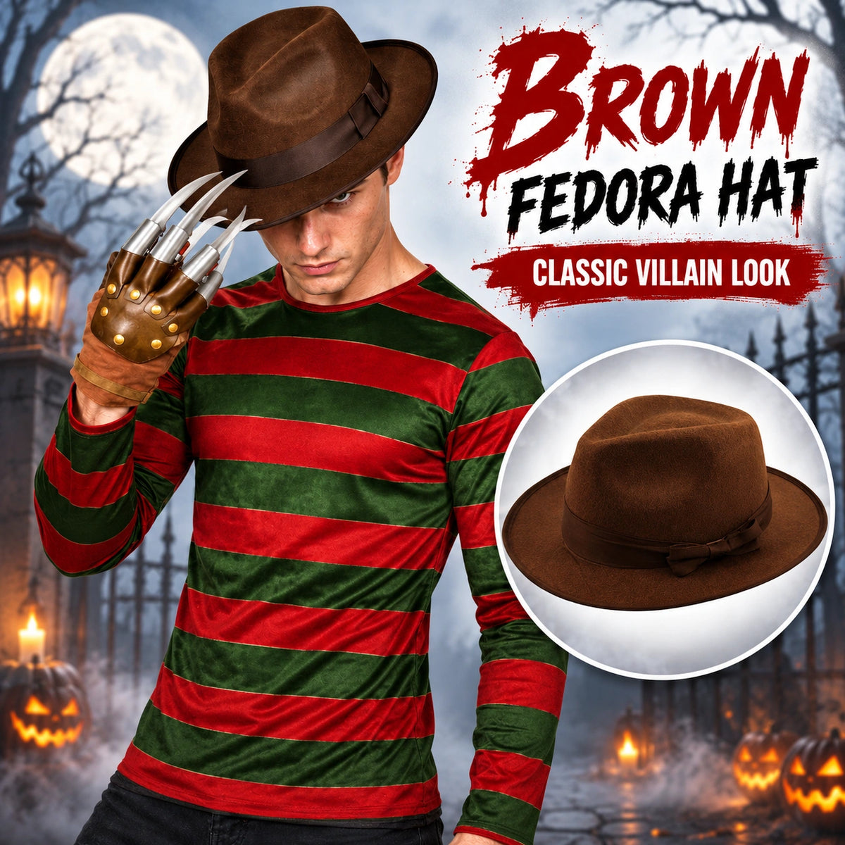 Burnt Man Horror Glove & Hat Set Halloween Fancy Dress Costume Accessories