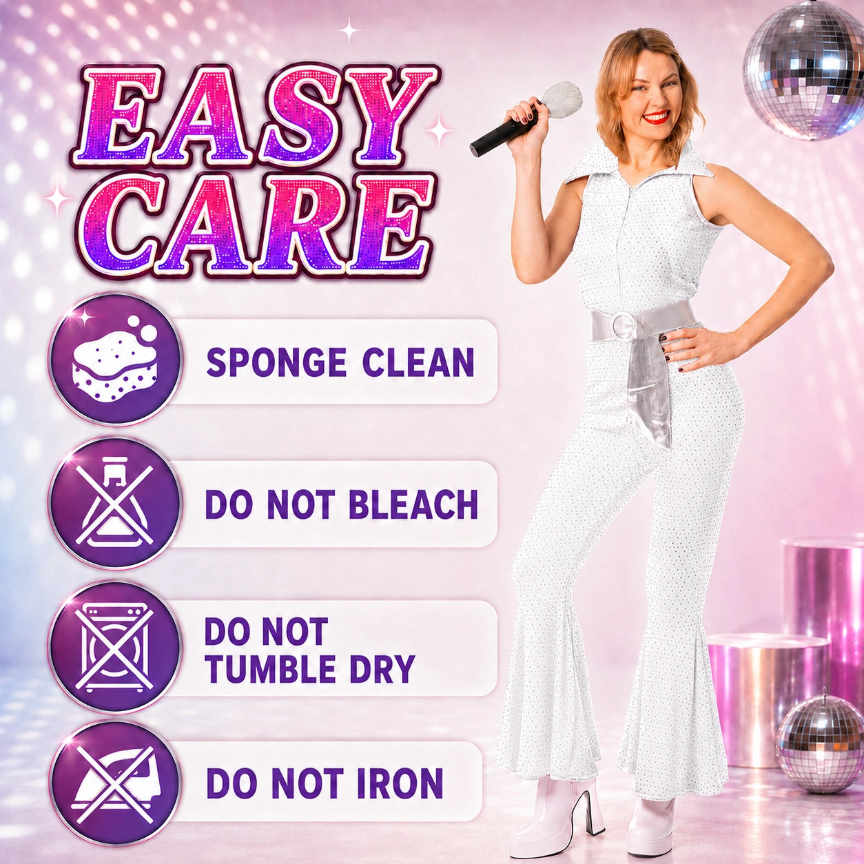 Women’s 70s Disco Jumpsuit Costume with Belt in 4 Colours