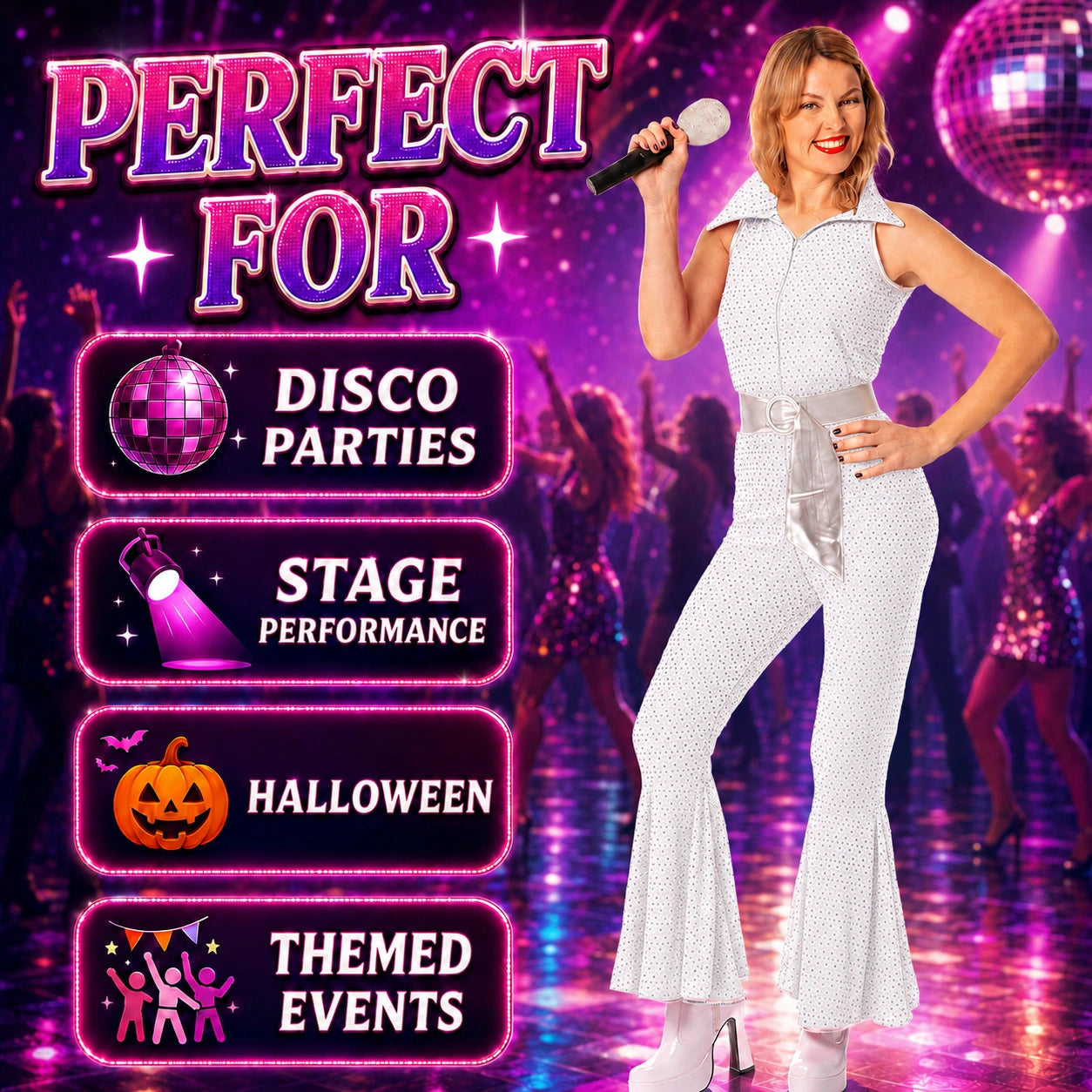 Women’s 70s Disco Jumpsuit Costume with Belt in 4 Colours