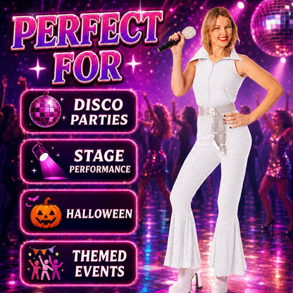 Women’s 70s Disco Jumpsuit Costume with Belt in 4 Colours