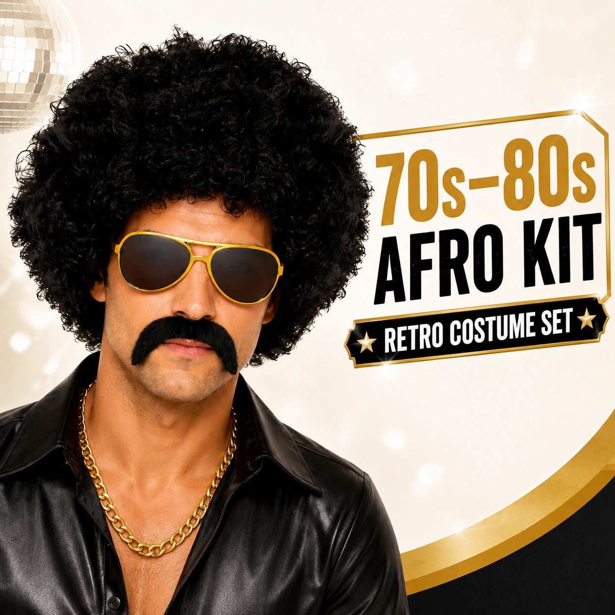 Adult 70s 80s Afro Wig Costume Kit with Moustache & Sunglasses | Black Curly Disco Hippie Retro Fancy Dress Party Set