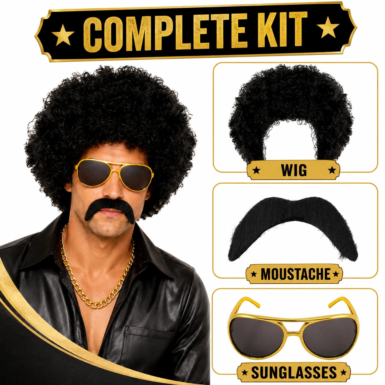 Adult 70s 80s Afro Wig Costume Kit with Moustache & Sunglasses | Black Curly Disco Hippie Retro Fancy Dress Party Set